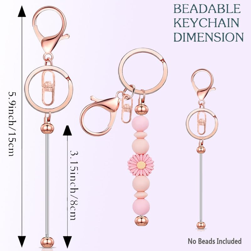 Sugiury 6 Pcs Beadable Keychain Bars Bulk for Beads DIY Blank Keychain Metal Beaded Keychain for Bead Keychain Making Kit Crafts Gift Rose Gold, 15cm