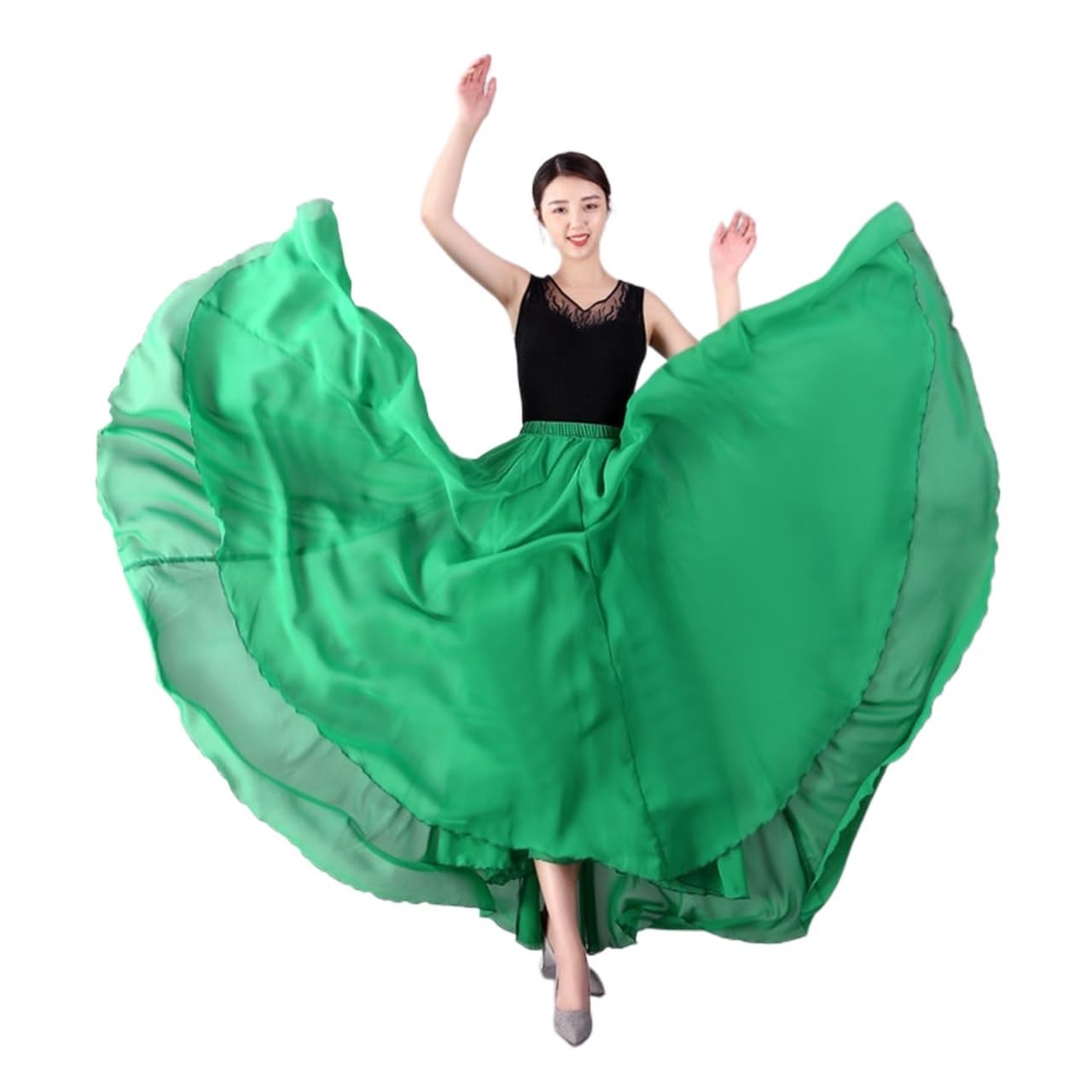 Falda Larga de Gasa para Danza del Vientre, 360/540/720 Grados, para Ballet, Danza del Vientre, Gitana, para práctica de Bailarina, (Verde, 720 Grados, 85 cm)