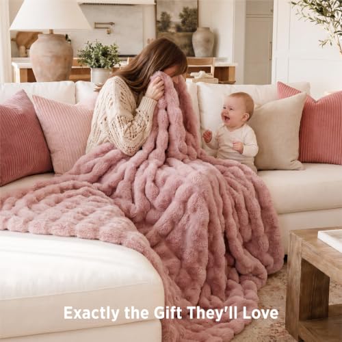 Image of Bedsure GentleSoft Bubble Faux Fur Blankets Queen Size, Fluffy Fuzzy Queen Blanket for Bed, Soft Cozy Faux Fur Bedding for Winter, Thick Warm Plush Bed Cover, Dusty Rose, 90x90