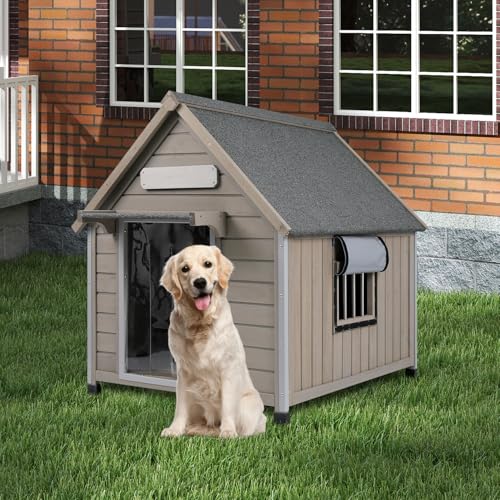 Outdoor Dog House Weatherproof Large Wooden Dog Kennel Indoor for Small Dogs with Chew-Proof Frame, Oxford Fabric Window, Removable Floor Pet Shelter