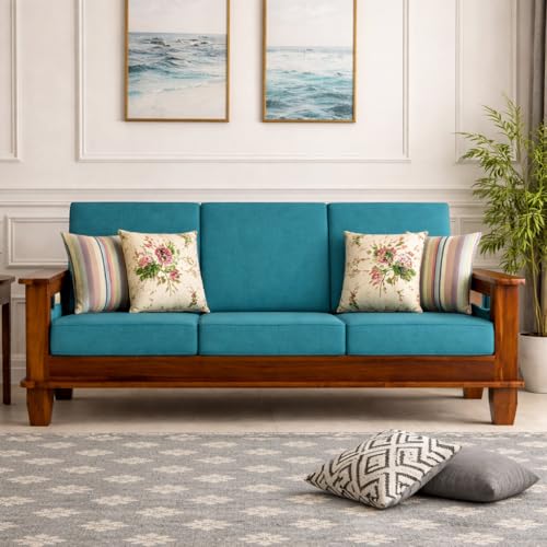 Image of Solid Sheesham Wood 3 Seater Sofa for Living Room | Couch Sofa for Living Room | Sofa Set Furniture for Home| Settee 3 Seater - Teal