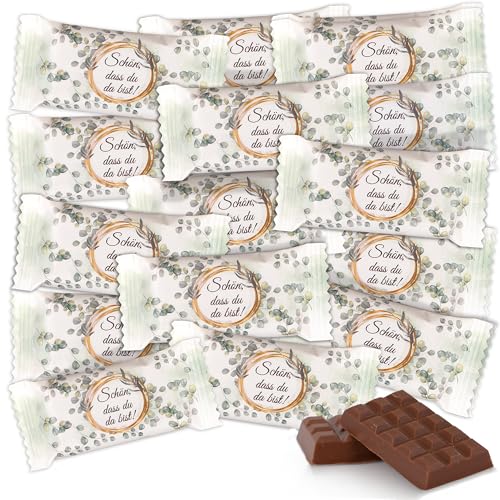 FOOD crew Schön dass du da bist Schokolade mini - ca. 30 Stück je 5g - insgesamt 150g - Edel-Vollmilch - Gastgeschenk Schokolade Schön dass du da bist - als Tischdeko oder Gastgeschenk Taufe Hochzeit