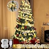 KLCZONE Christmas Tree Decorations, 32Ft 100 LEDs Christmas Tree Ribbon Lights with 8 Lighting Modes, Battery Operated & USB Powered Indoor Gold Fairy String Lights for Xmas New Year Tree Decor