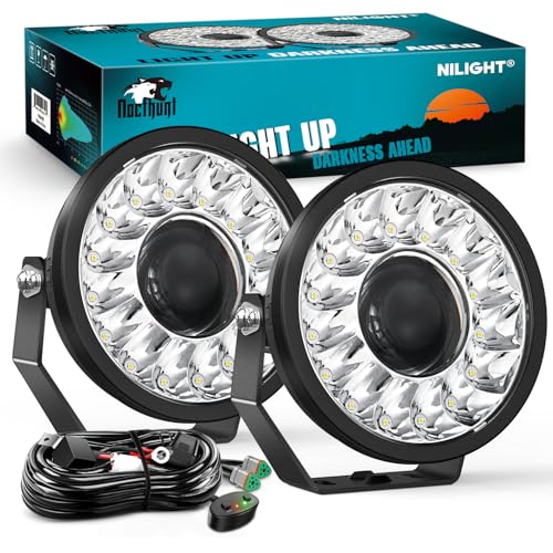 Nilight 7 Inch LED Offroad Driving Lights with DRL 2 PCS 100 W Round Hyper Spot Beam Offroad Light w/ 12 AWG DT Connector Wiring Harness Kit for Jeep Truck ATV UTV SUV