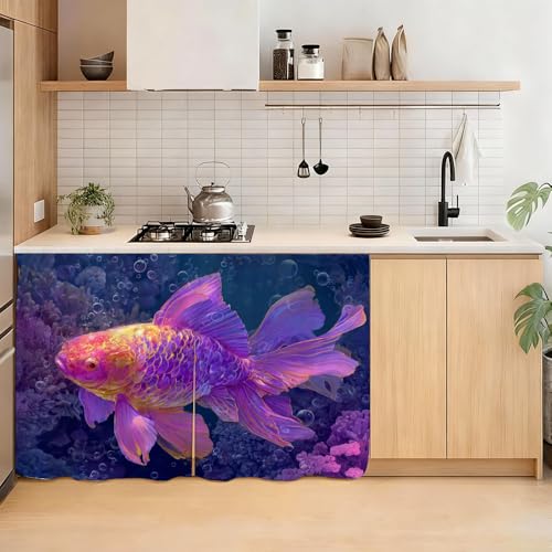 Image of Self Adhesive Purple Goldfish Cabinet Curtain for Mother's Day, 39x28 Inch Underwater Fish Under Sink Skirt No Drill, Spring Cleaning Kitchen Decor, Hook and Loop Laundry Valance