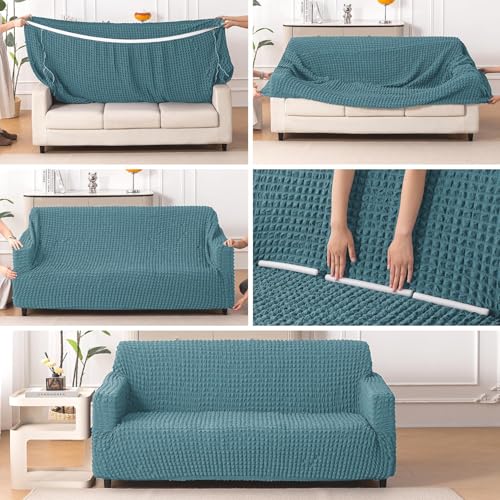 Image of HOKIPO 'Aria Nova' Elastic 280 GSM Stretchable 3 Seater Bubble Sofa Cover, Tropical Teal (NEW-AR-6210-TL)