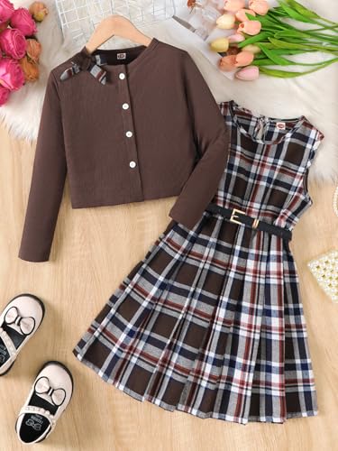 Image of PureChapter Girls' Preppy Clothes Plaid Vest Dress Cardigan Jacket Belt Cute Kids Clothes 7-14Y Green