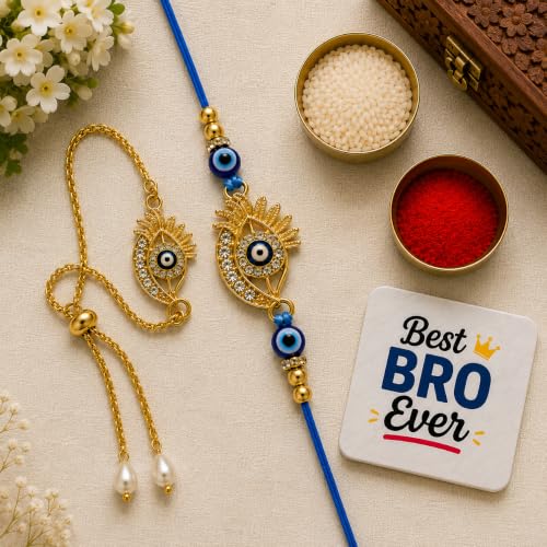 Image of eCraftIndia Designer Evil Eye Bhaiya Bhabhi Rakhi with Best Bro Ever Fridge Magnet, Gold-Plated Nazar Rakhi & Lumba Rakhi Set for Brother & Bhabhi, Raksha Bandhan Gift with Roli Chawal