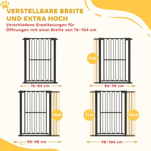 PawHut Treppenschutzgitter 104cm Türschutzgitter Absperrgitter ohne Bohren 76-104 cm Schutzgitter aus Stahl für Hunde, Haustiere Treppen, Tür, Schwarz
