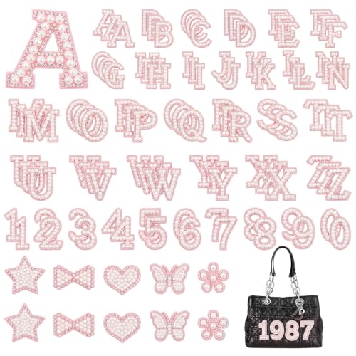 Aemygo 108 parches autoadhesivos de letras de perlas (A-Z), parche de números rosa del 0 al 9, parches de letras de perlas con purpurina para ropa, bolsos, zapatos, color dorado