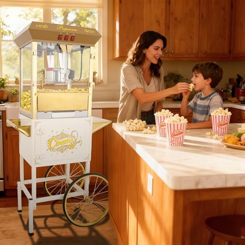 Image of 16Oz Commercial Popcorn Machine With Cart and 16 Oz Kettle, Movie Theater Popcorn Machine, Silver Golden Pop Corn Machine with 3-Switch Control & Steel Frame Tempered Glass Doors