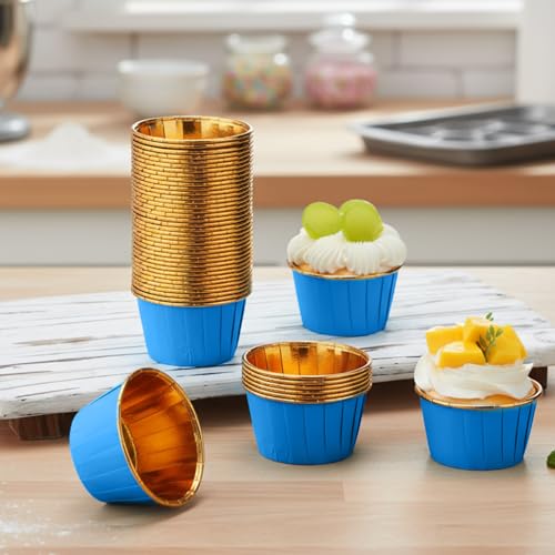 Image of 300 Pack Blue Gold Cupcake Liners Bulk Disposable Foil Muffin Cup