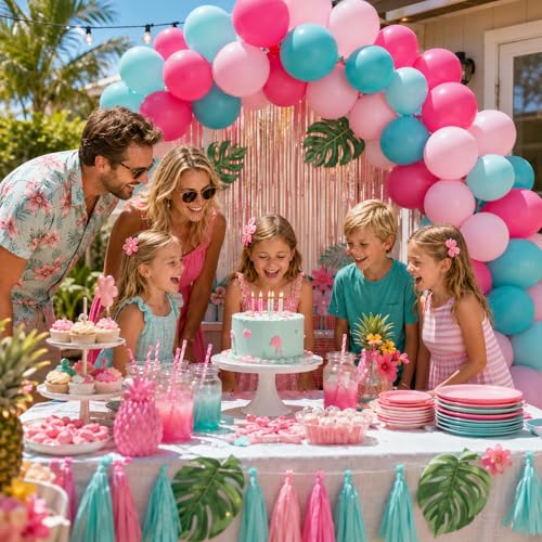 Image of Teal and Pink Balloons, 60PCS Teal Pink Balloon Set, 12 Inch Blue Rose Red White Latex Metallic Confetti Balloons for Baby Shower Birthday Wedding Bridal Shower Hawaii Summer Party Decor