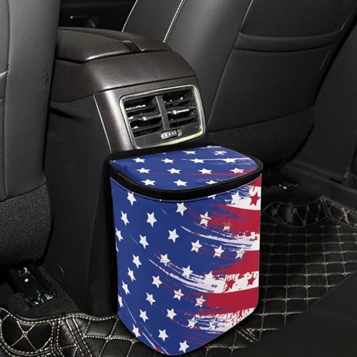 Image of Talayituse American Flag Star Print Car Trash Can with Lid, 4th of July Leak Proof Auto Trash Bag Hanging Vehicle Garbage Can Multipurpose Storage Container for Back Seat Road Trip