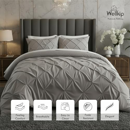 Image of Pinch Pleated Duvet Cover Set 1000TC 100% Cotton Premium 3-Pieces 1-Duvet Cover & 2-Pillow Cover Luxury Look Home and Hotel Zipper & 8-Tie Closure (Light Grey, King 92 X 106 Inch)