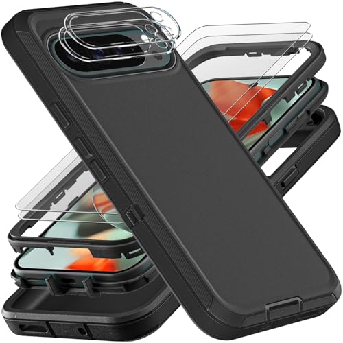 YKHJKLEC for Google Pixel 10 Pro XL Case, Military Grade 3 in 1 Heavy Duty Shockproof/Drop Proof/Dust Proof Case with 2Pcs Tempered Glass Screen Protector & Camera Lens Protector (Black/Black)