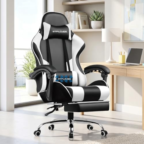 Miniatura 2 de Gtplayer Silla De Videojuegos Ergonómica Para Masaje Con Reposapiés Y Soporte Lumbar, Altura Ajustable, Asiento Giratorio De 360 Y Reposacabezas Para Oficina, Color Blanco