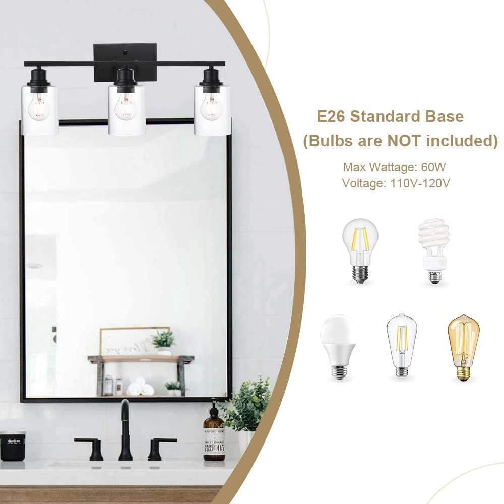 VINLUZ Matte Black Vanity Light for Bathroom 3 Light Farmhouse Indoor Bathroom Lighting Fixtures Over Mirror with Clear Glass Shade for Dressing Table