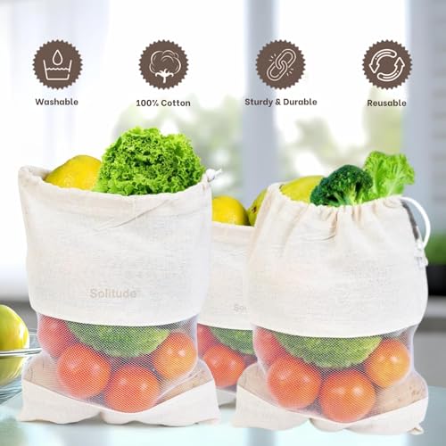 Image of Solitude Set of 9 Cotton Vegetable Bags for Fridge Storage, Reusable Washable Muslin Cloth Produce Bags with Drawstring, Eco Friendly Kitchen Storage Bags for Fruits and Vegetables