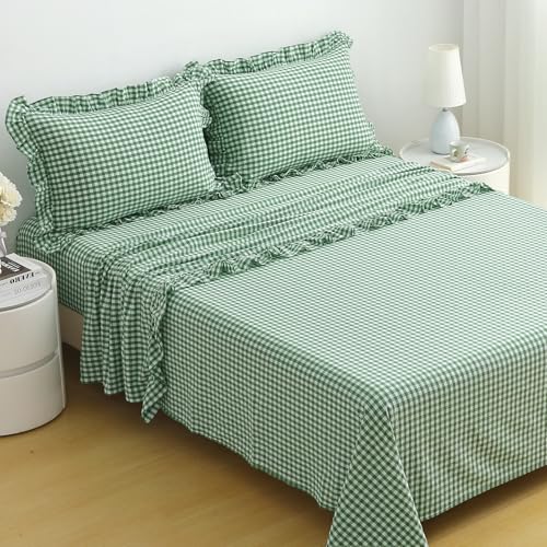 K MASANIJI Christmas Green White Plaid Ruffle Gingham Cotton Sheets