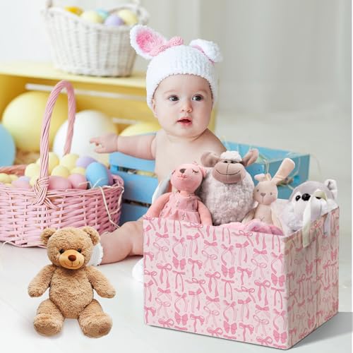 Image of Pink Bow Foldable Storage Bins, Waterproof Toy and Clothes Organizer for Nursery Room, Pink Cute Decorative Fabric Basket for Girls Bedroom, Foldable Gift Box for Game Room, Bow Party Decor