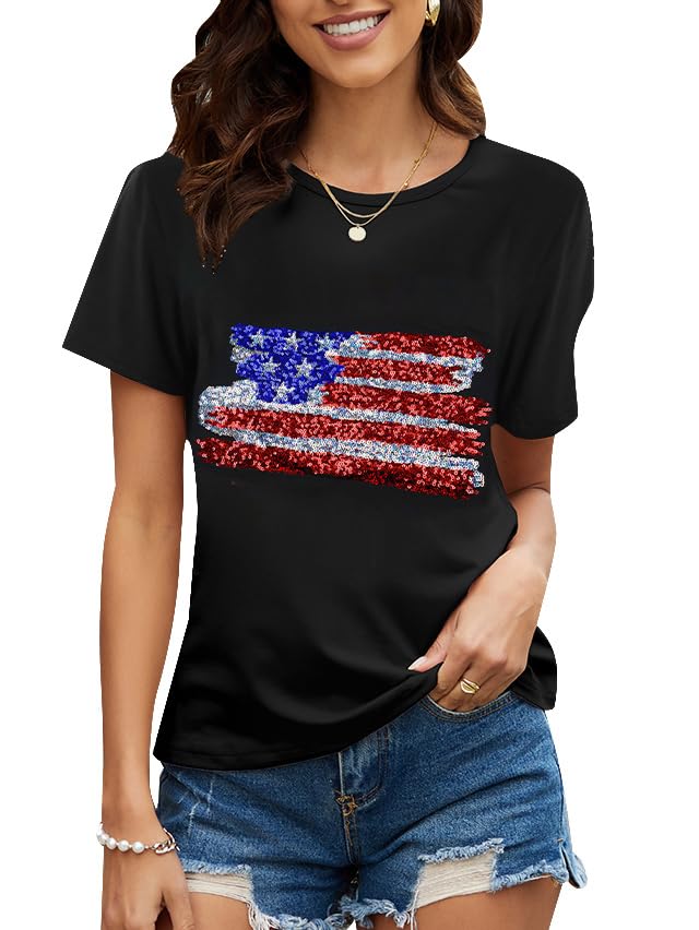 Image of PESION Womens Short Sleeve T-Shirt Sequined Tops O-Neck Funny Graphic Tees Blouse