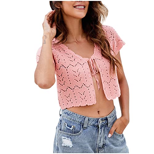 Haut court sexy creux pour femme en maille unie à manches courtes