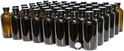 GlassBottleOutlet (Paquete de 48) 8 oz. Ámbar Boston redondo con tapa de cono de poliéster negro