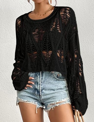 Womens Gothic Short Sweaters Oversized Punk Goth Sweater Long Bell Sleeve Knitting Crop Tops US Size S-XL4