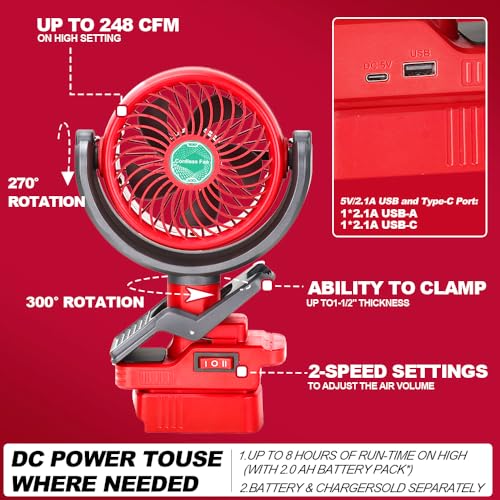 Wexibryndl Cordless Clip-on Fan Compatible with Craftsman V20 Battery(TOOL ONLY), Camping, Outdoor, Job Site & Bedroom, 2-Speed, 270° & 300° Rotation, Dual USB Charging Ports (USB-A & USB-C) — view 5