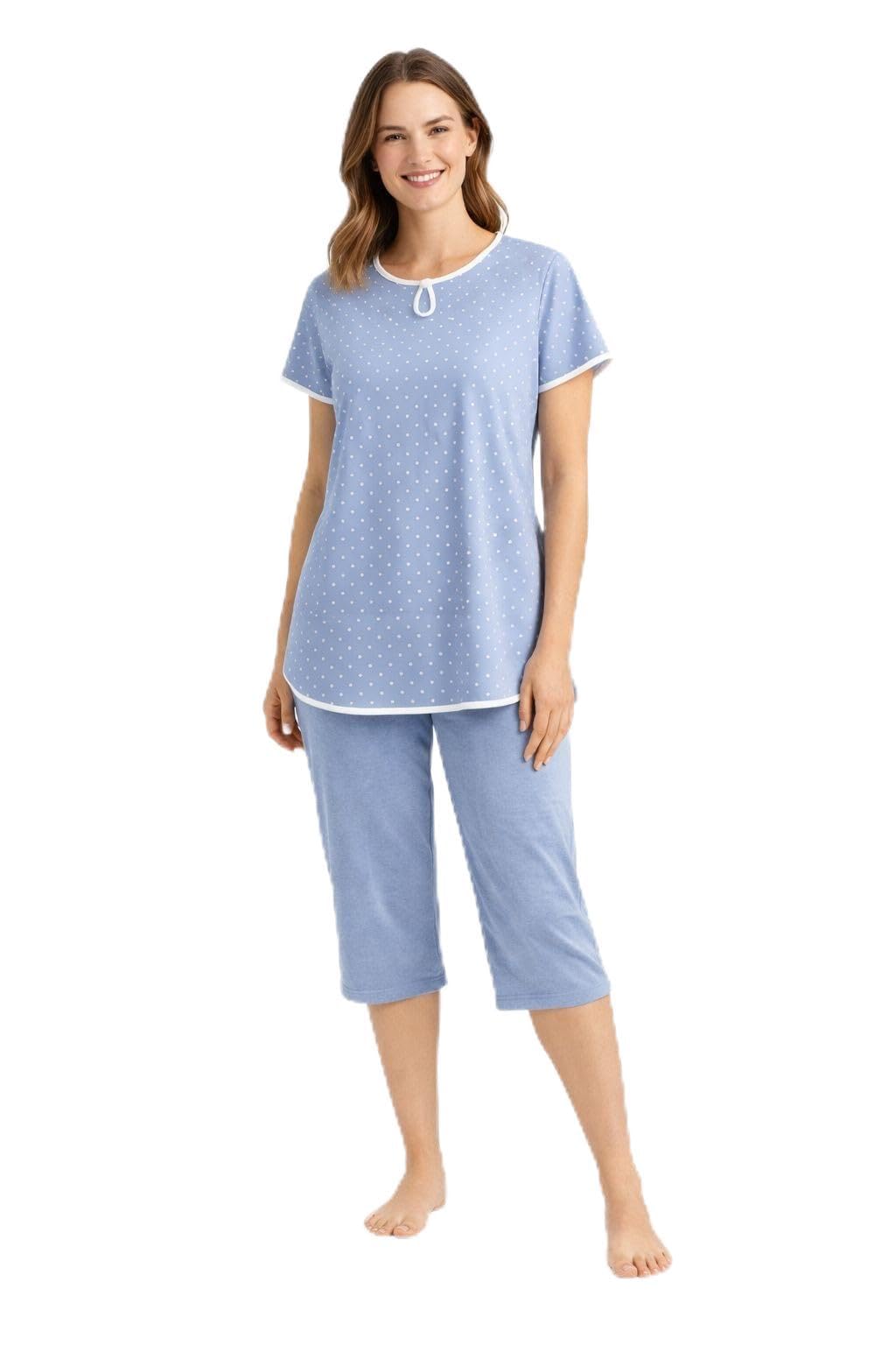 RAGNO Pigiama Donna 100% Cotone con Fantasia a Pois e Pantalone Capri Art DT36NB