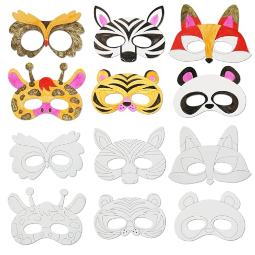 VKPI 24 PCS Color Your Own Animal Paper Masks, Coloring Mask Craft Kit for Kids, Birthday Party Favors School Activities