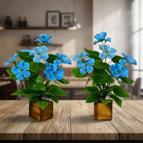Image of fancymart Artificial Flower Plant Set of 2 with Wooden Pot - 23 cm Height | Real-Touch Faux Floral Decor for Home, Office, Living Room, Bedroom, Desk & Gift Purpose