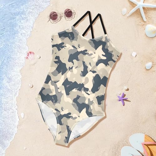 Grey Dark Camouflage Girls One Piece Swimsuits Summer Quick Dry Beach Bathing Suit3