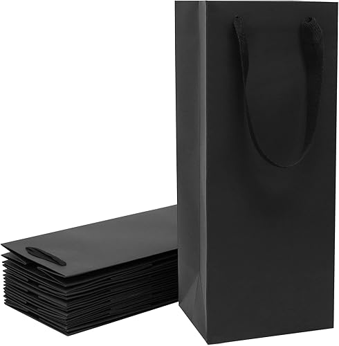 Aimyoo Bolsas para botellas de vino negro de 6 x 5 x 15 pulgadas, paquete de 10 bolsas de regalo grandes de papel kraft con asas a granel