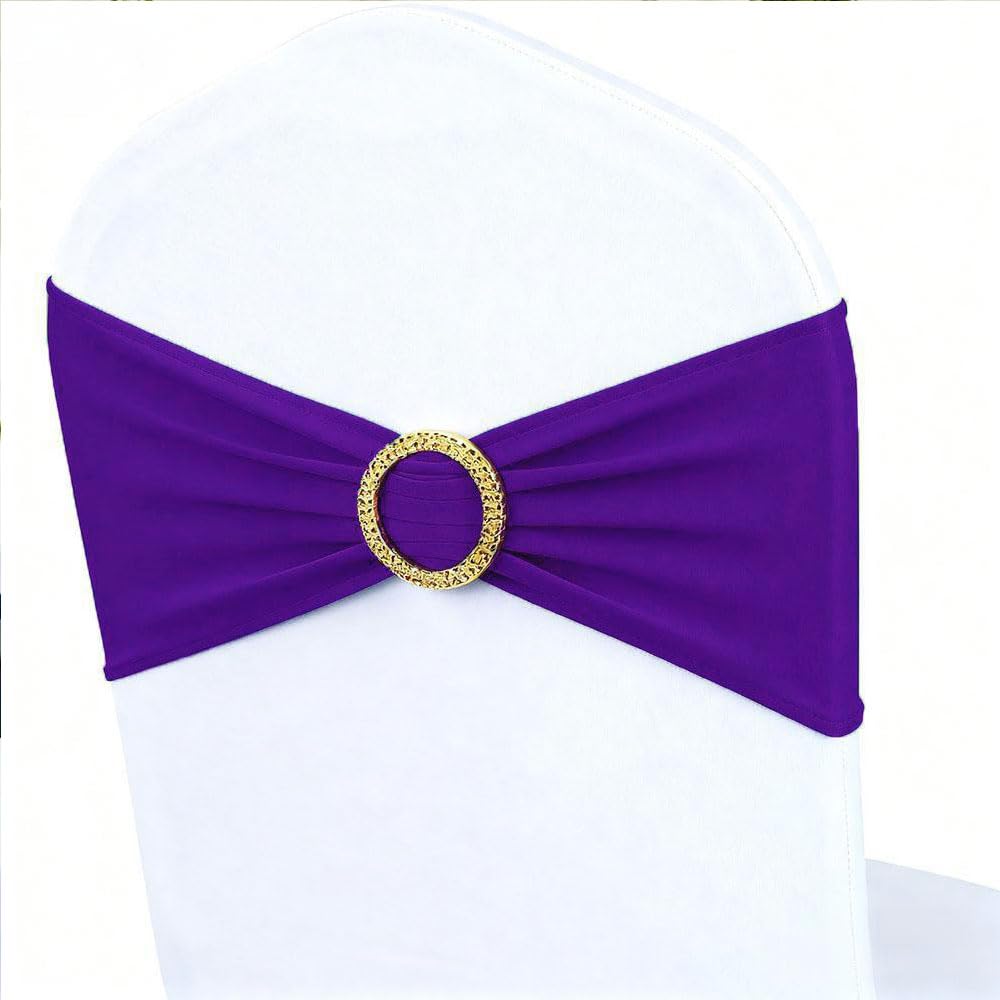 Purple Chair Sashes 50 Pack with Gold Buckle Slider, Spandex Chair Bows Bands for Folding Chairs Wedding Party Birthday Décor