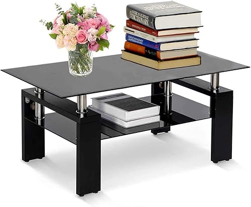 Mesa auxiliar rectangular de cristal, mesa auxiliar moderna con estante inferior de almacenamiento, mesa auxiliar de té de 2 niveles para sala de
