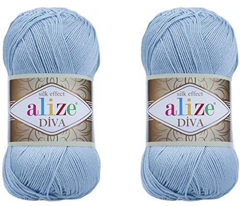 Alize Diva Hand Knitting Yarn - 100% Microfiber Acrylic With Silk Effect - Crochet Art Lace Craft - 2 Skeins, 200gr, 767 Yds (350-Sea Blue)