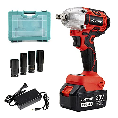 YOVYOV 1 2  Impact Wrench,20V MAX 3.0AH Lithium High Torque Cordless Impact Wrench with 1 2 Chuck, Comes with Fast Charger,4Pcs Driver Impact Sockets and Tool Box for Easy Carrying
