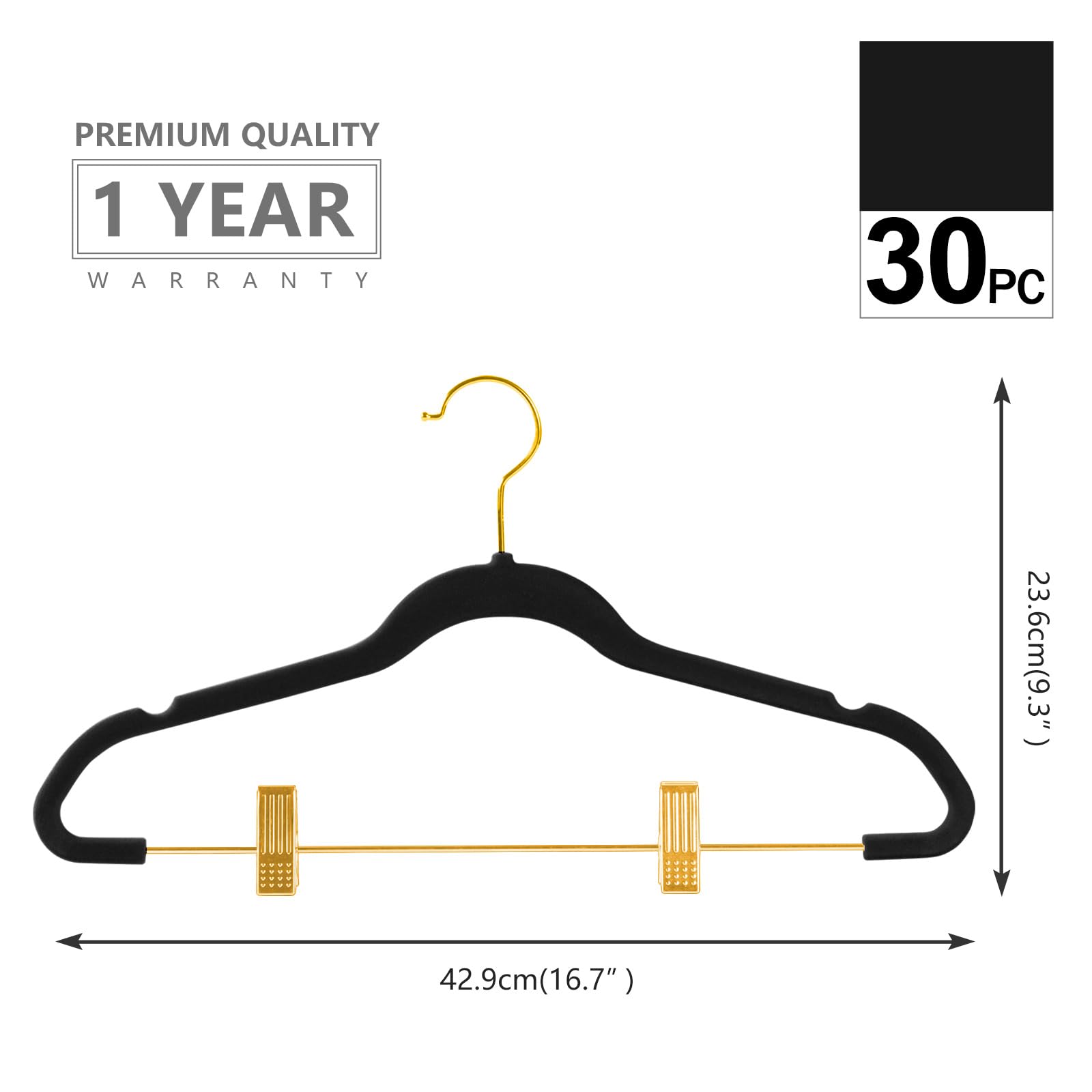 MIZGI Premium Kleiderbügel aus Samt mit verstellbaren Clips (30 Stück) schmale Rock-Kleiderbügel - rutschfeste Filz-Kleiderbügel schwarz - goldene Haken, platzsparende Hemd-Kleiderbügel