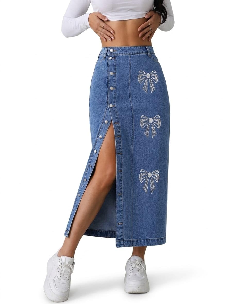 Women's Denim Long Skirt with Rhinestone Bow - Light Blue-image-47