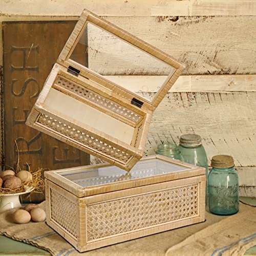 Poprhino Rattan Decorative Box With Glass Lids, Rectangular Decorative Boxes For Home Décor, Rattan Woven Case For Display, Set Of 2 Wicker Storage Decoration #TOP4