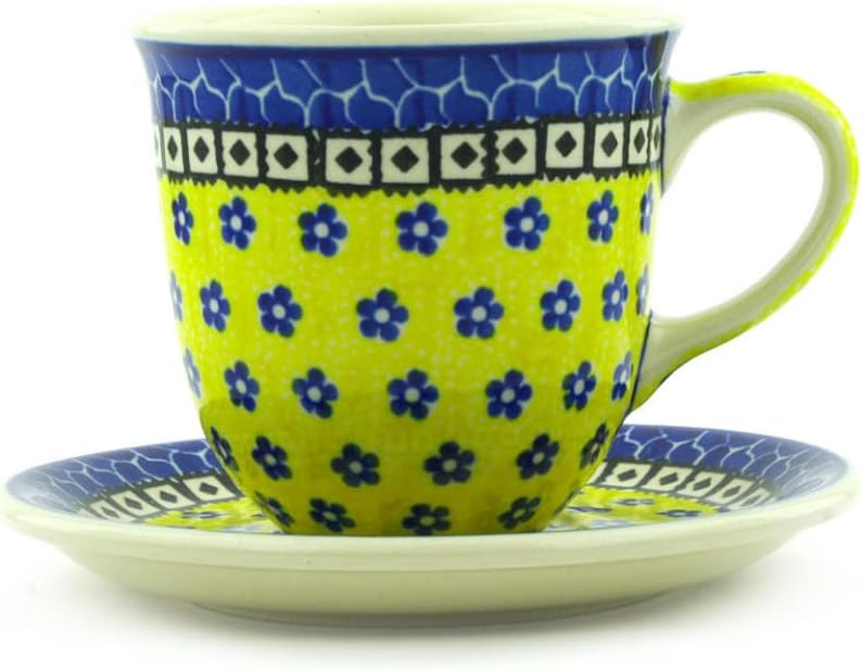 Polmedia Polish Pottery Cup with Saucer - Sunburst Daisies Pattern Handmade in Boleslawiec Poland by Ceramika Artystyczna + Certificate of Authenticity