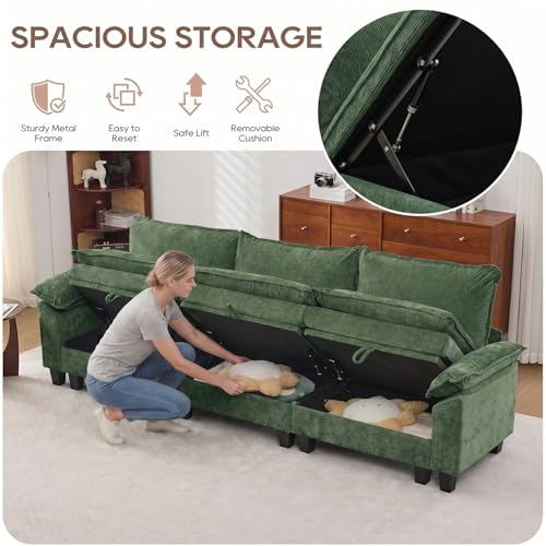Image of IPKIG 117 inch Modular Cloud Couch with Storage, C Shaped Sectional Sofa | 3 Seater Green Chenille Deep Seat Sectional Couches with Ottoman and Pillow for Living Room, Apartment
