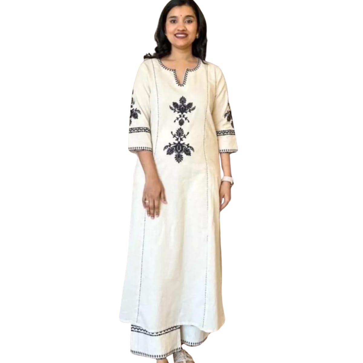 Women's Cotton Embroidered Straight Kurta with Palazzo (White)-picture-14