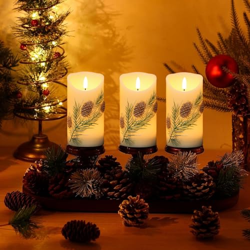 Image of Eldnacele Christmas Flameless Candles with 6 Hour Timer, Battery Operated Hand Painted Pine Cone Real Wax 3D Wick Flickering LED Pillar Candles for Dinner Indoor Holiday Xmas Decor(2Pcs, D3xH5.7)