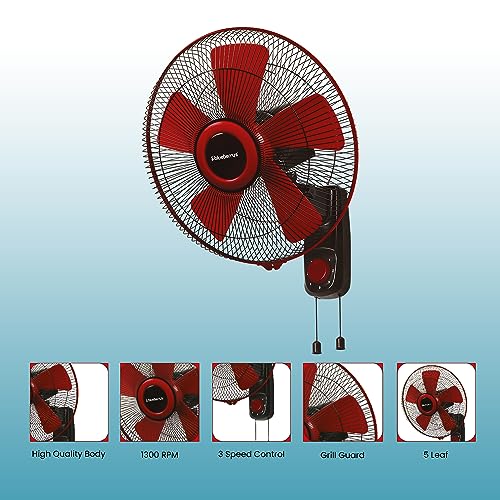 Image of Blueberry's 𝓞𝓩𝓞𝓝 16-Inch 5-Leaf High Speed Wall Fan, 400mm Sweep, Powerful Motor with Oscillation Control, 2-Year Warranty -Red Black