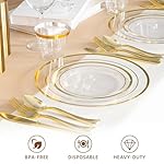 600PCS Clear Plastic Plates Sets with Gold Rim, Gold Dinnerware Set for 100 Guests,100 Disposable Dinner and Dessert Plates, 300 Silverwares and 100 Cups for Party and Wedding - Image 3