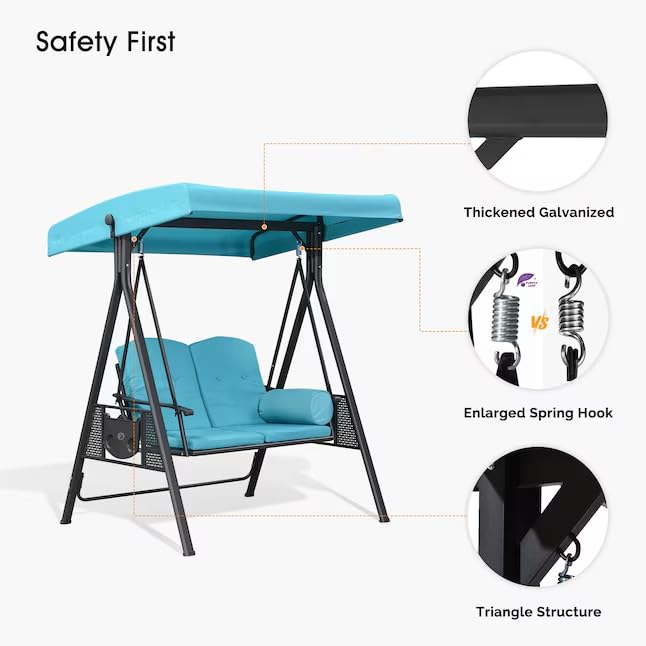 Image of PURPLE LEAF Outdoor Patio Porch Swing with Stand, 2-seat Swing Chair with Adjustable Tilt Canopy All-Weather Steel Frame for Backyard Front Porch Lawn, Cushions and Pillow Included, Turquoise Blue