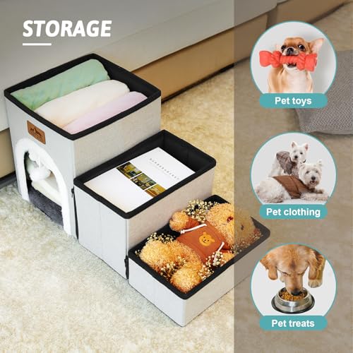 Dog Stairs for Small Dogs with Storage and Condo, 14" H Foldable Pet Stairs for Small Medium or Puppy Dogs and Older Cats, Dog Steps for Bed or Couch, 13x27x14 inch, 3 Tiers, Beige - Image 4